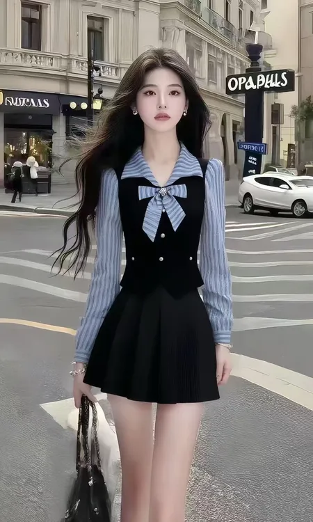 新款时尚温柔千金风条纹拼接长袖修身上衣+黑色高腰半身裙女套装