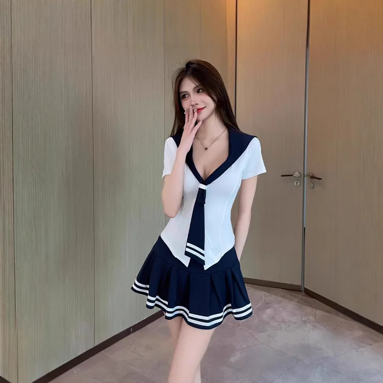 甜美减龄海军领上衣套装女秋季修身长袖打底衫掐腰短袖显瘦半身裙