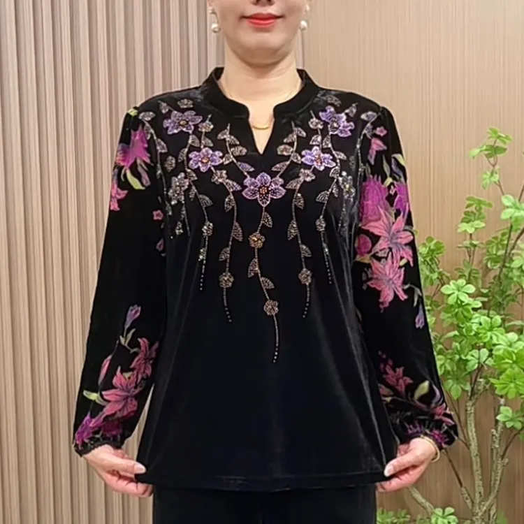 妈妈装秋装洋气烫钻小衫2025新款中老年女装秋季V领烧花打底衫