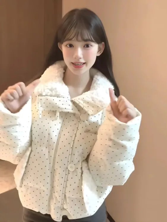 韩系甜美风波点毛领学生棉服外套女秋冬季宽松加厚保暖短款面包服