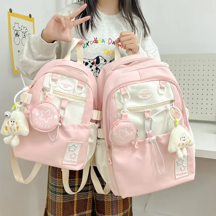 中小学生拉链字母双根日系风书包减负女双肩清新甜美透气日系