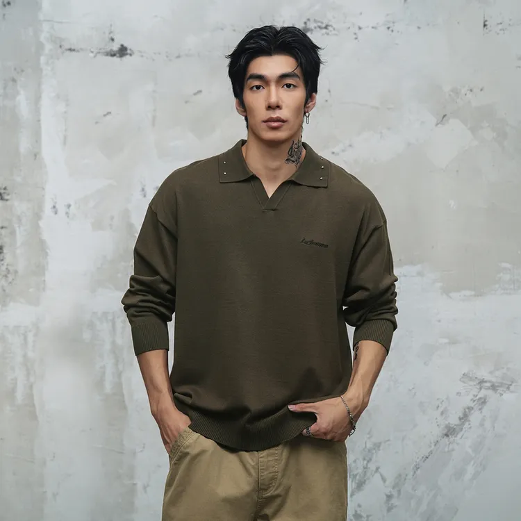 鹿家门透气毛织打底衫运动健身长袖T恤男复古宽松大码长袖POLO衫