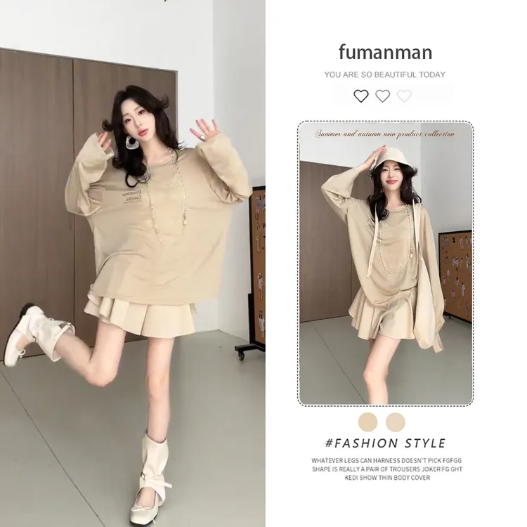 早秋穿搭套装女2025韩版慵懒风宽松上衣搭配小众设计感短裤两件套