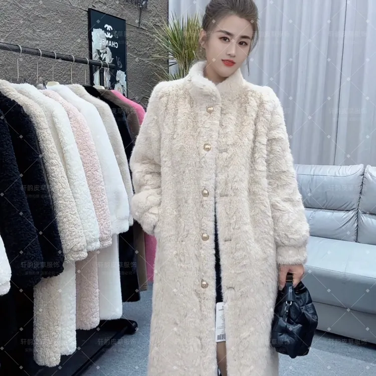 秋冬新款皮毛一体长款外套女水貂绒加厚毛毛仿花狐貂皮草立领大衣