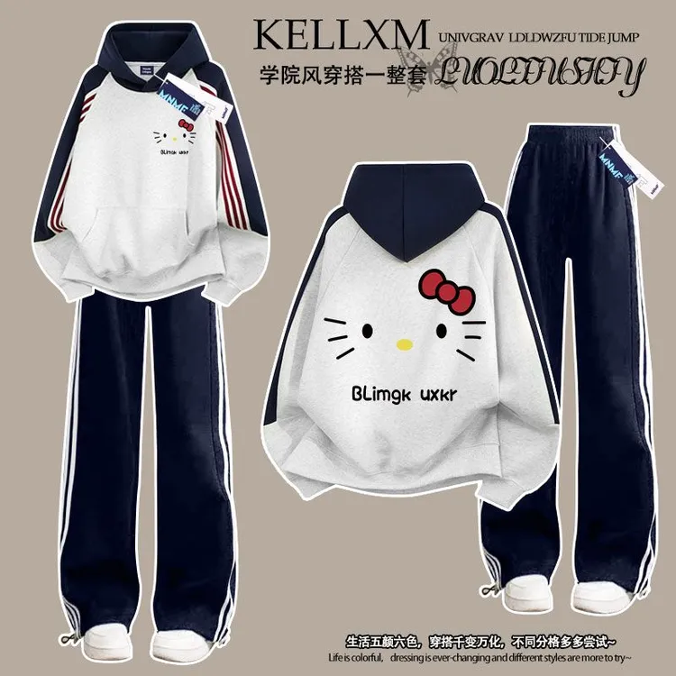 女童哈喽kitty印花秋冬插肩三条杠连帽卫衣长裤套装初中生甜美ins