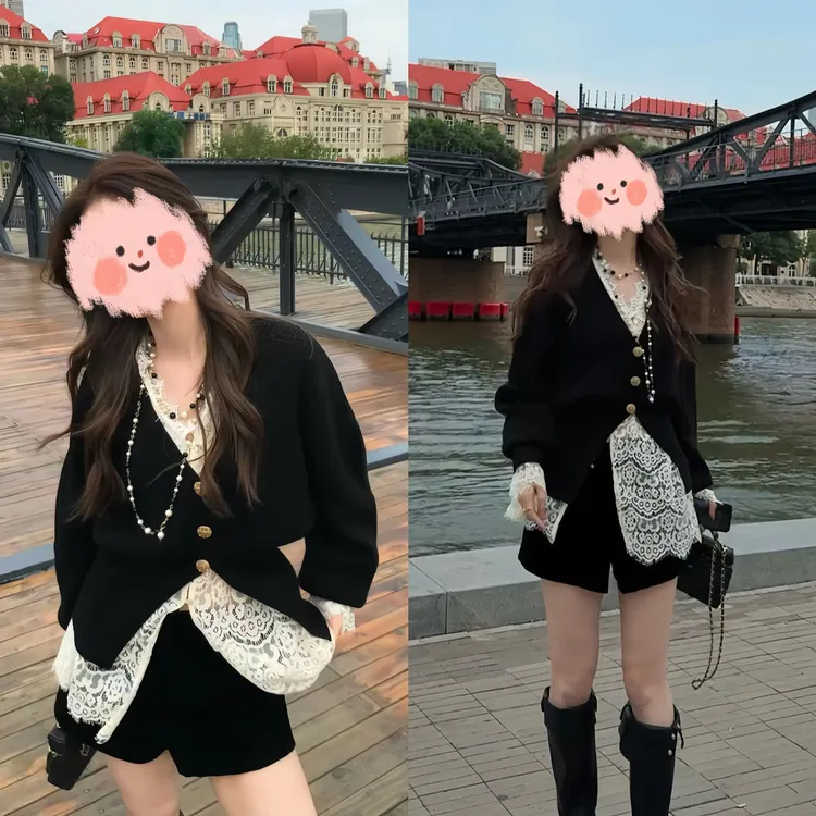 2025早秋新款法式气质时尚百搭针织开衫叠穿蕾丝衬衫短裤三件套