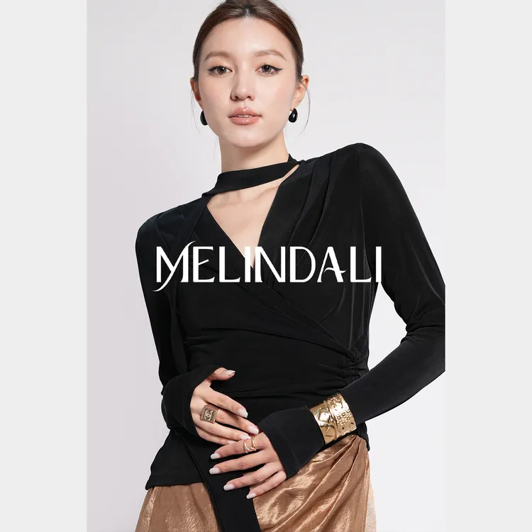 Melinda Li【法式美人】醋酸飘带V领抽褶系带收腰显瘦百搭上衣