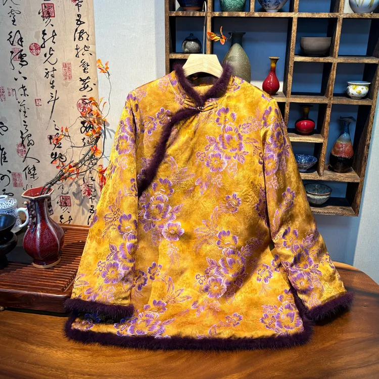 YUEZHE水貂毛国风复古棉服2025冬季新款中式棉袄外套大码女装