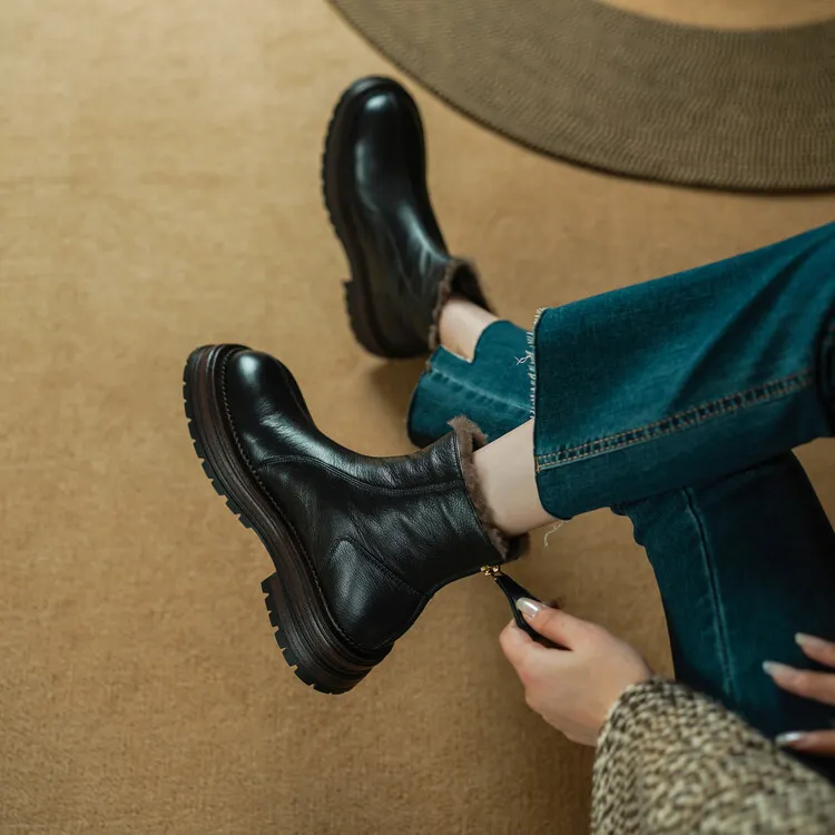 真皮雪地靴女厚底马丁靴英伦风羊羔毛短靴子复古高端羊皮加厚棉鞋