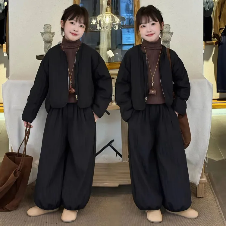 女童棉衣2025冬款洋气百搭圆领棉服外套高腰加绒阔腿裤纯色两件套