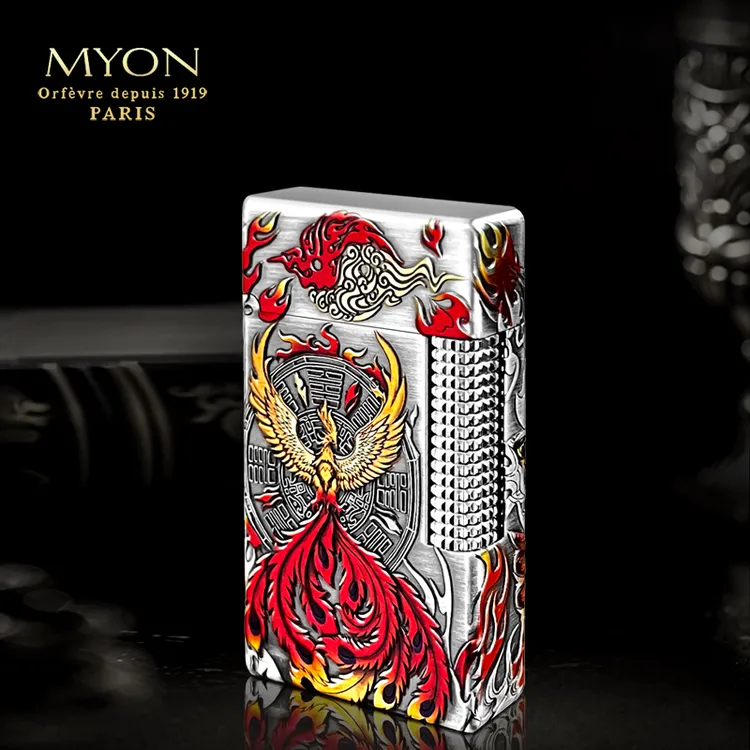 MYON爵士待机王M9九紫离火A四面雕刻镀古银珐琅彩一机一码打火机