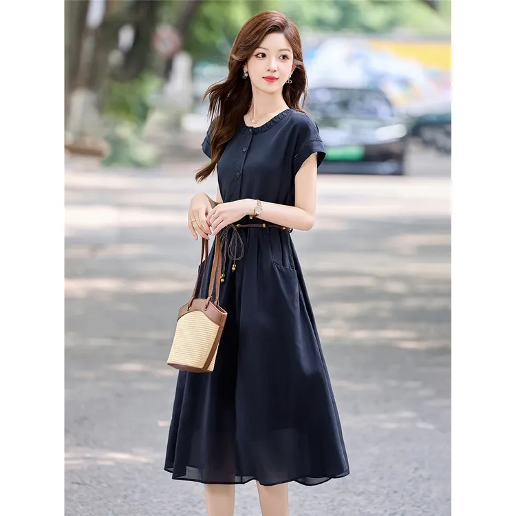 2025夏季新款高级感藏青色气质连衣裙女系带收腰显瘦通勤时尚裙子