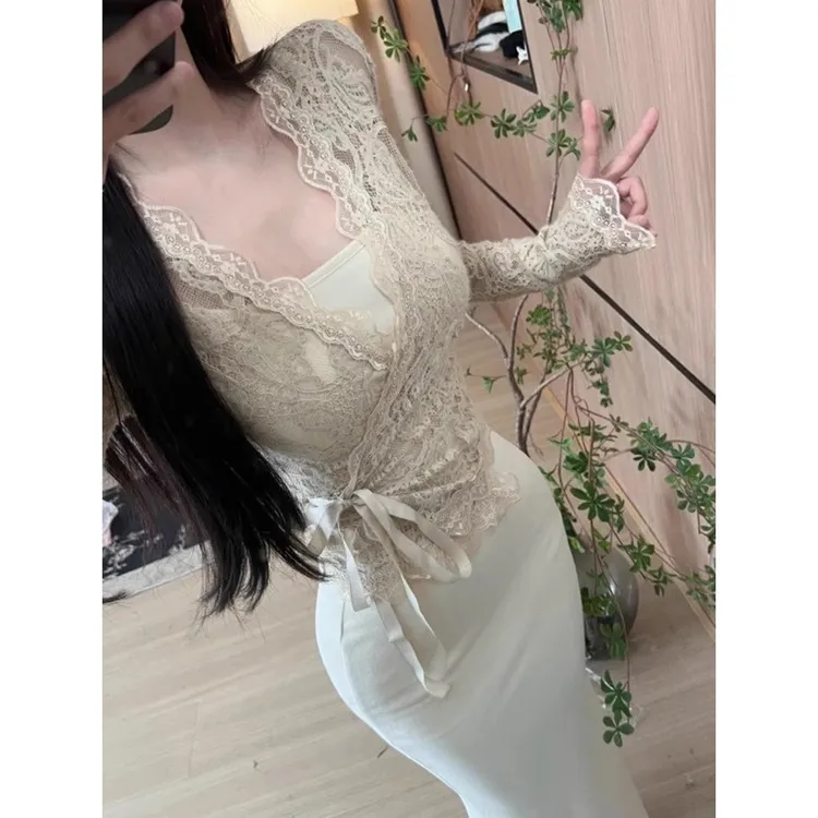 性感辣妹磨毛吊带包臀鱼尾裙女秋冬新款修身显瘦长袖蕾丝开衫套装