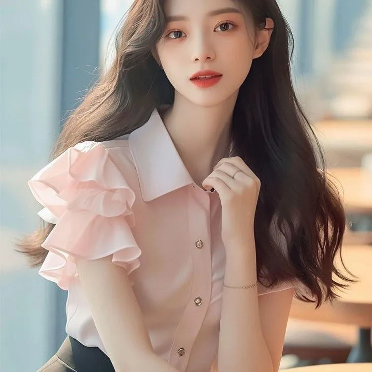 小个子洋气减龄漂亮粉色荷叶袖衬衫女夏季2025年新款小众设计上衣
