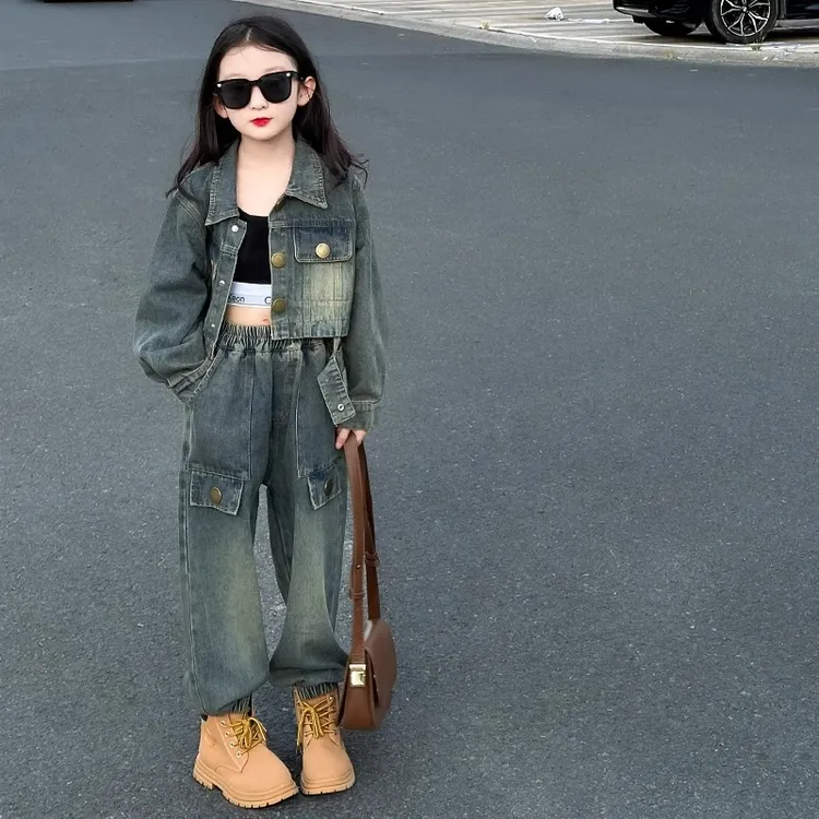 女童牛仔套装2025春秋新款中大童韩版哈伦工装裤两件套休闲时髦潮