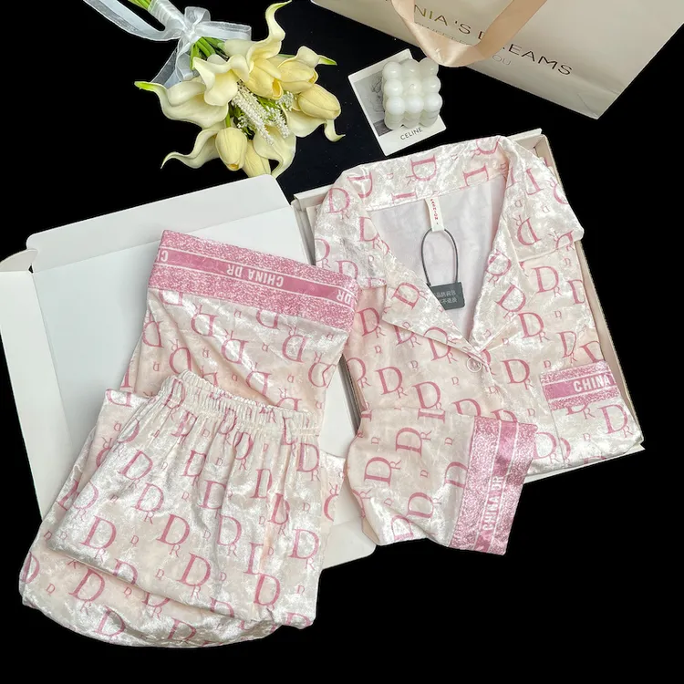 【粉D2.0】冰丝金钻绒睡衣女韩版夏薄款家居服套装006