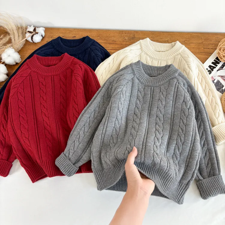 2025款儿童毛衣秋冬款加厚针织衫复古麻花圆领套头男女童装打底衫