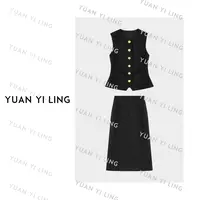 袁艺灵【意式老钱】25秋冬羊毛黑金撞色收腰圆领无袖马甲/半身裙