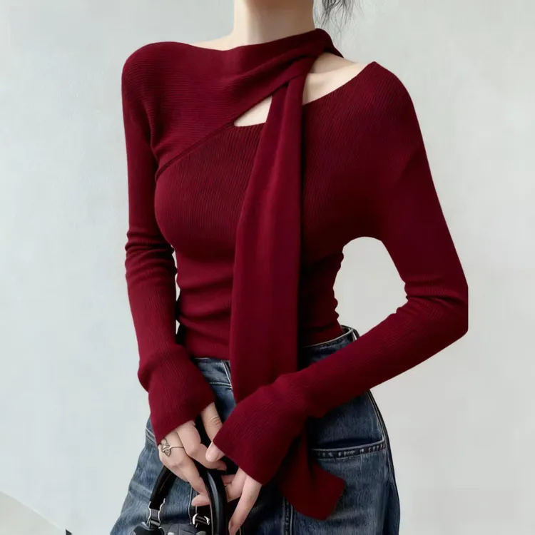秋季独特超好看单穿上衣法式小众设计感洋气减龄通勤风红色针织衫