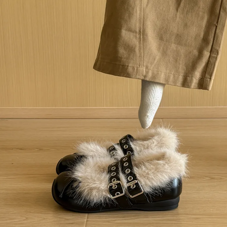 玛丽珍鞋内增高加绒毛毛鞋女2025冬新款韩版保暖小皮鞋乐福棉鞋子