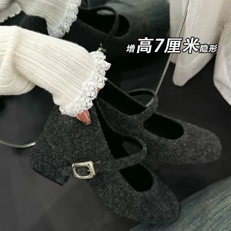 小个子7cm内增高复古毛呢子女鞋方头一字带粗高跟玛丽珍浅口单鞋