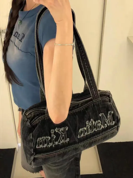 韩国设计师品牌MatinKim手提包牛仔布水洗旅行袋刺绣logo单肩女包