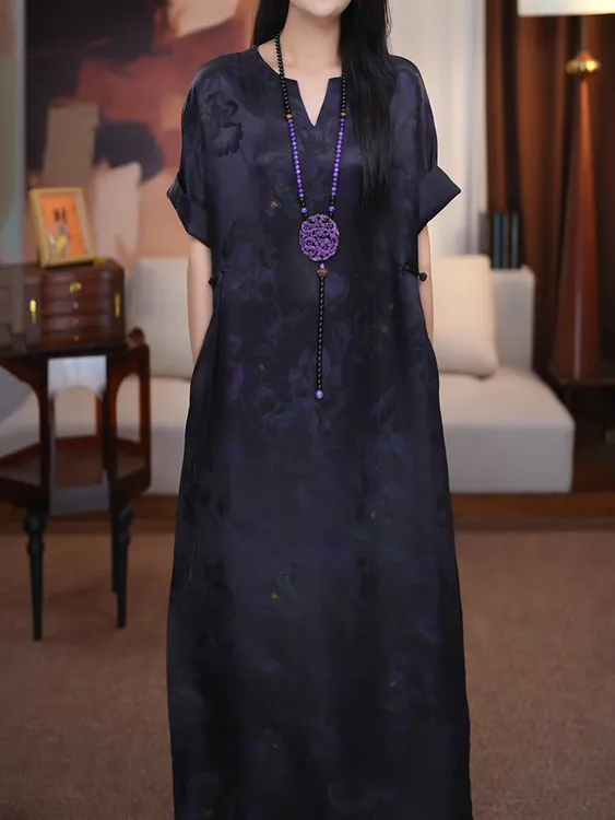 气质母亲连衣裙2025夏新知性优雅高级感国风复古印花宽松遮肚长裙