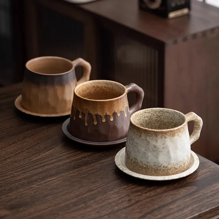 欧式粗陶日式刻花家用勺子款手工咖啡杯创意陶瓷杯复古水杯茶杯