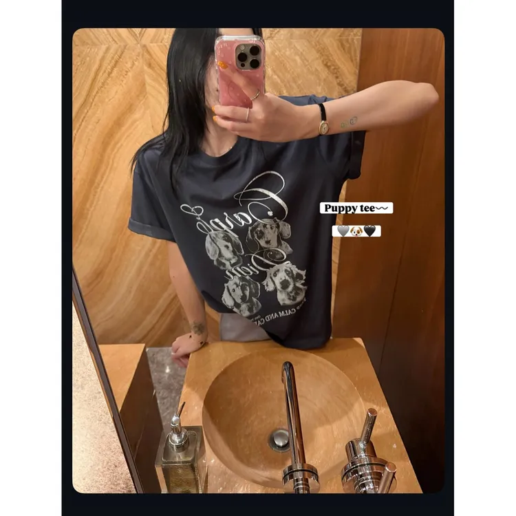 70不是七十【小狗俱乐部】夏季韩系圆领 宽松落肩印花 T恤