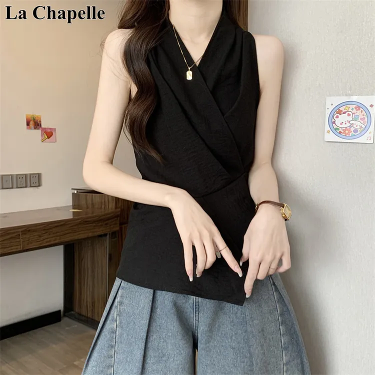 拉夏贝尔纯欲挂脖v领无袖背心女夏季新款高级气质收腰不规则上衣