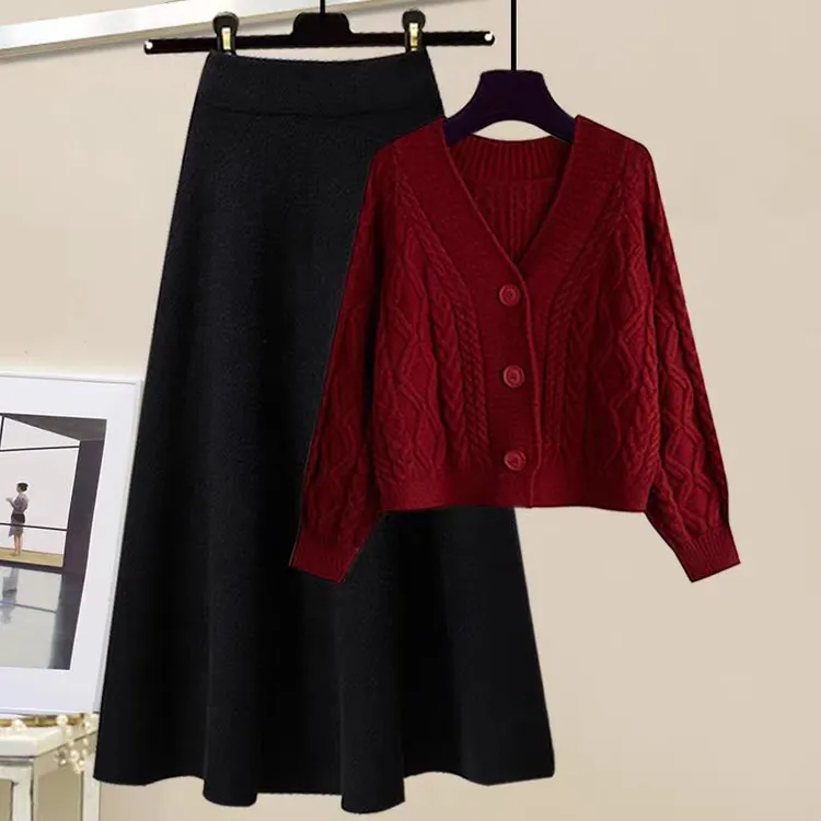 秋冬新年氛围感穿搭一整套女装韩版麻花针织开衫高腰垂感中长裙子