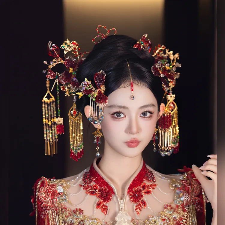 合金婚庆饰品 新娘红色系中式奢华秀禾服龙凤褂眉心坠发饰品G0336