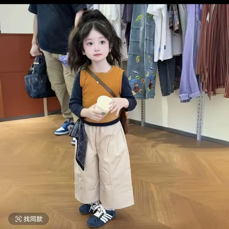 女童套装秋装2025新款女孩碎花长袖t恤打底衫叠穿洋气吊带阔腿裤