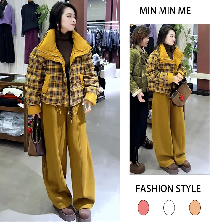 2025秋冬季新款设计感老钱风翻领复古棉服女搭配加绒休闲裤两件套