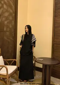 87352潮女时尚百搭短袖配丝巾套装裙气质显瘦秋冬宽松开叉裙子