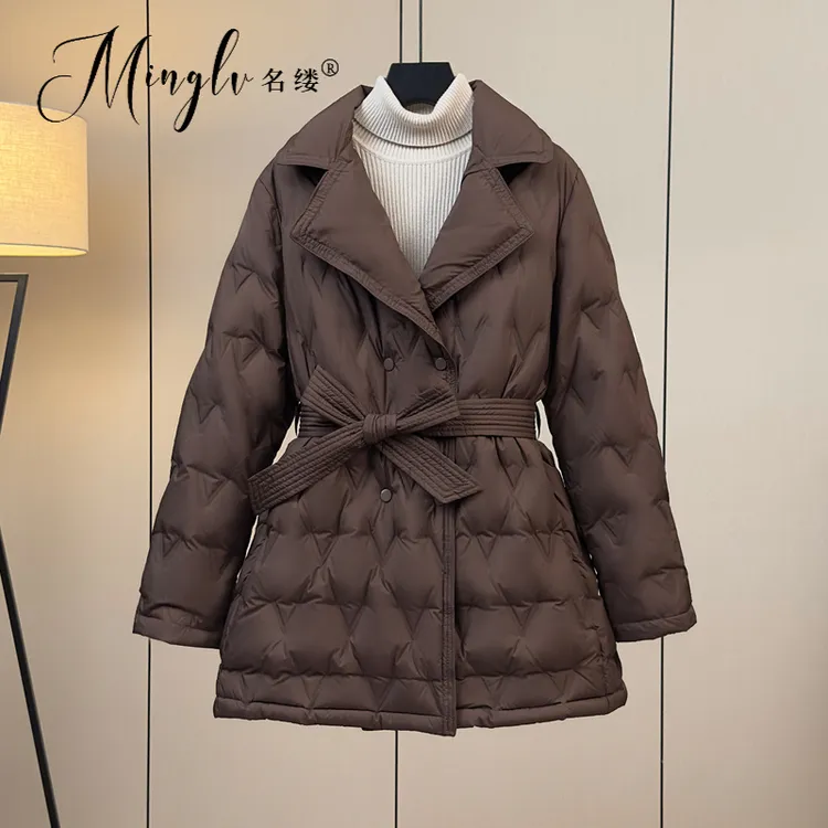 高级感高端领系带系中长款羽绒服女轻薄收腰显瘦显气质秋冬外套