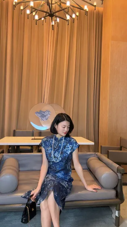  TANTAN  人丝真丝青花瓷印花旗袍1696