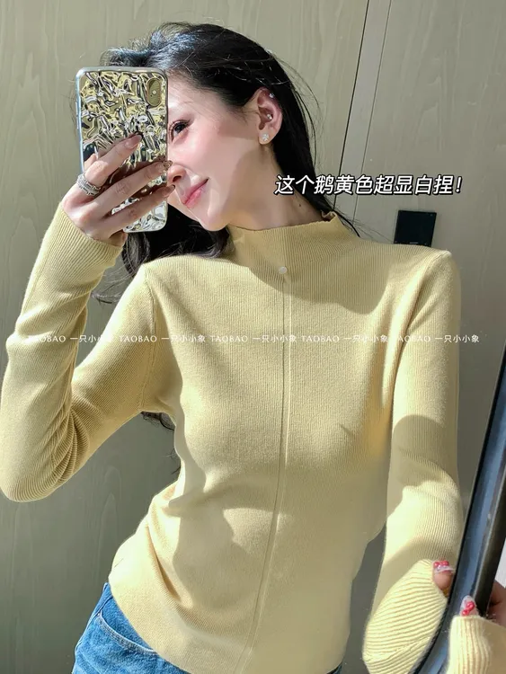 鹅黄色小香风长袖针织衫打底女秋冬新款百搭显瘦半高领毛衣上衣