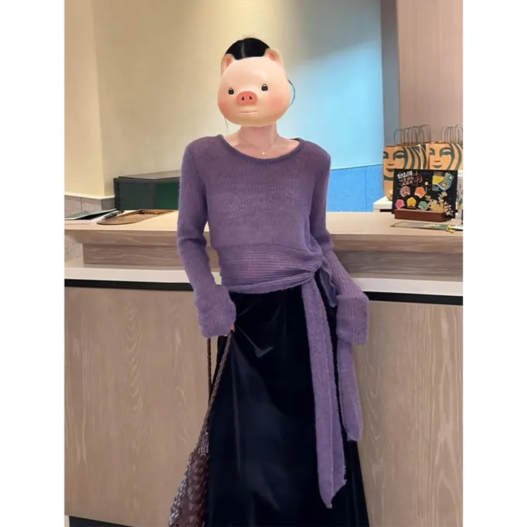 巨好看韩系早秋氛围感穿搭紫色圆领长袖针织衫女秋冬修身内搭上衣