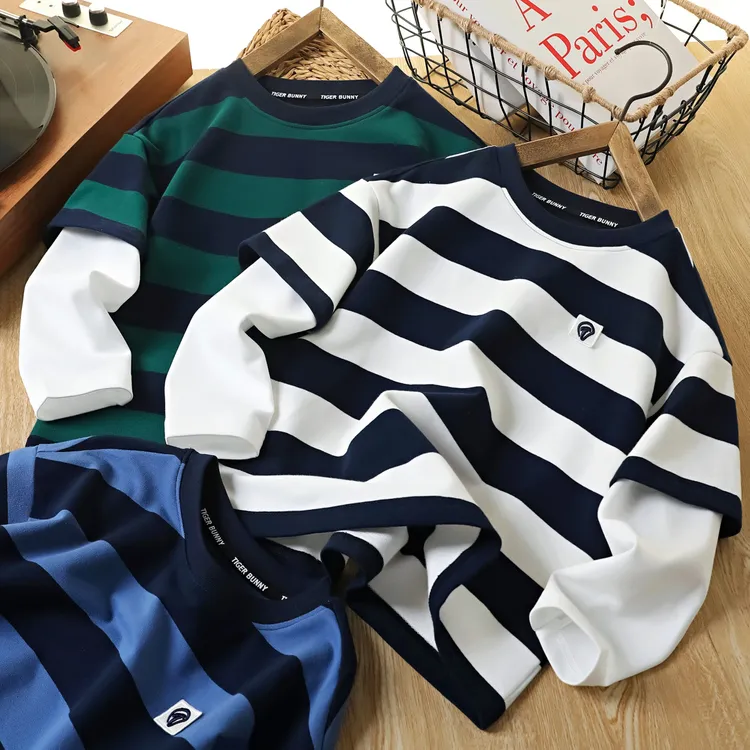 男童假两件长袖T恤2025春秋儿童条纹潮上衣中大童圆领t洋气打底衫