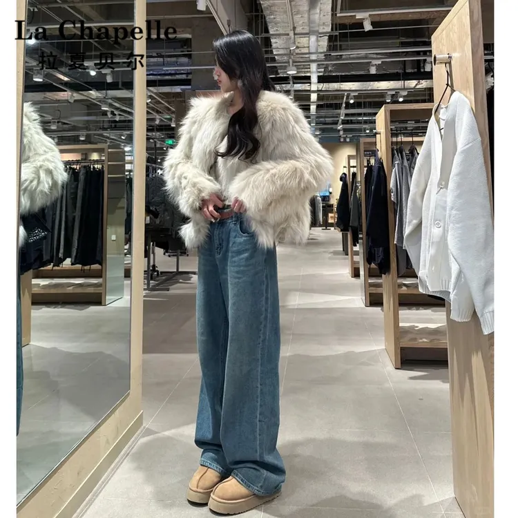 拉夏贝尔高腰窄版阔腿牛仔裤女2025年早秋爆款新款显瘦复古直筒裤