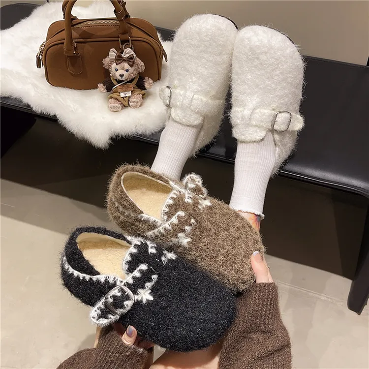 南在南方黑色复古厚底毛毛鞋女2025新款冬季保暖外穿加绒加厚棉鞋