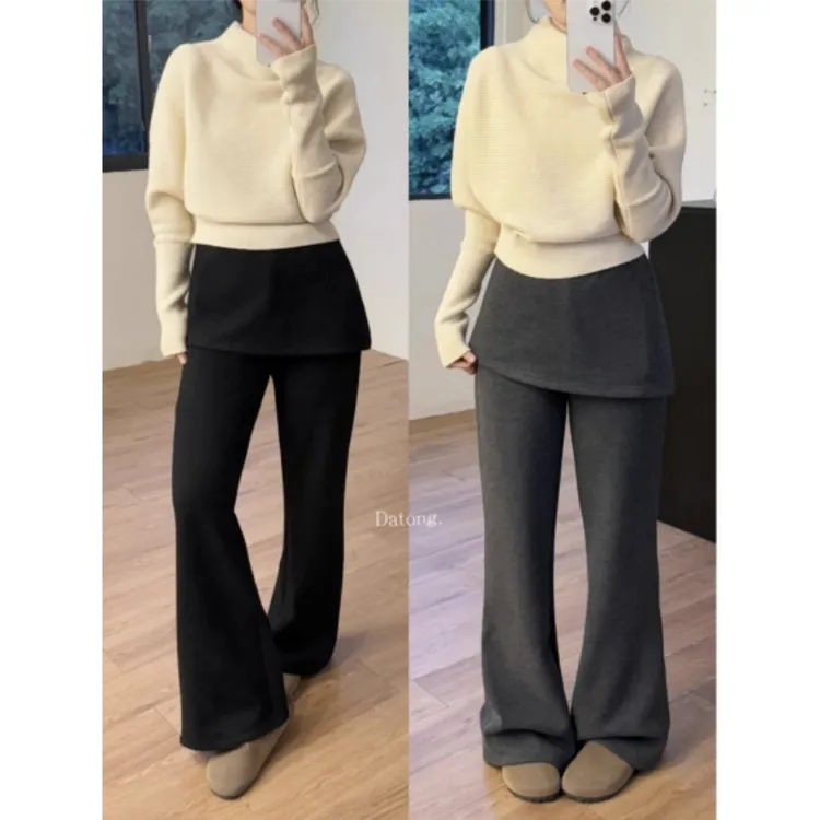 大码胖mm韩系屁帘微喇叭裤女秋冬加绒加厚梨形身材遮跨显瘦休闲裤