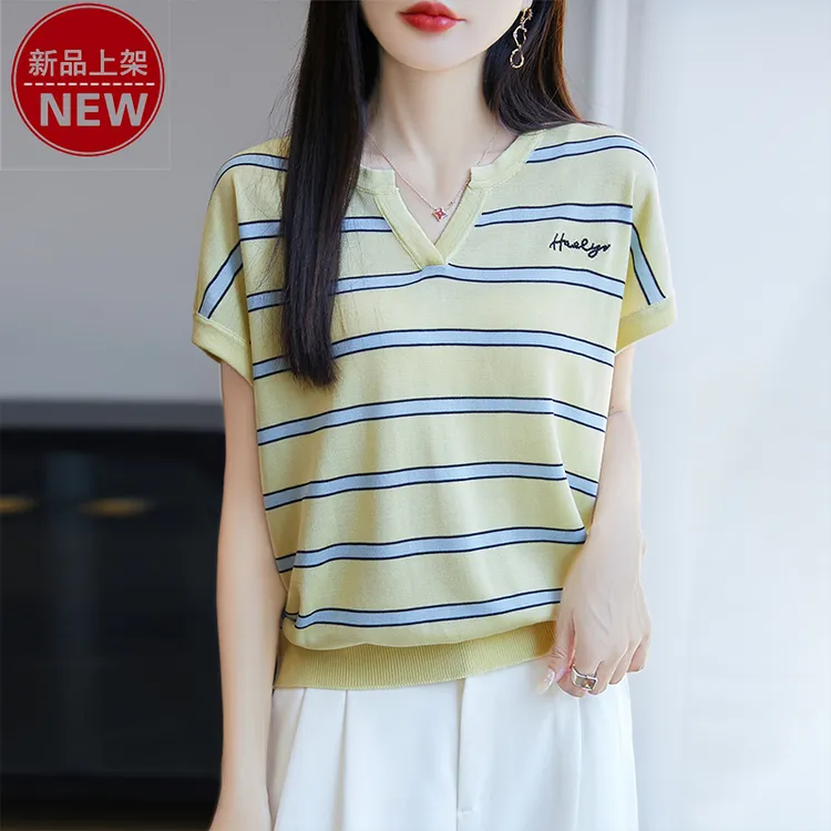 哥弟阿玛施正品时尚圆V领英文字母刺绣简约条纹小飞袖休闲针织衫