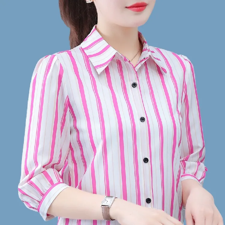 2025夏季新款条纹雪纺七分袖衬衫妈妈装夏装洋气时尚气质衬衣女士