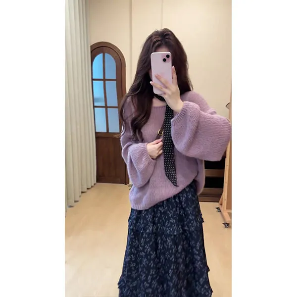 韩版甜美温柔风套装宽松复古紫色针织衫毛衣女紫色高腰碎花半身裙