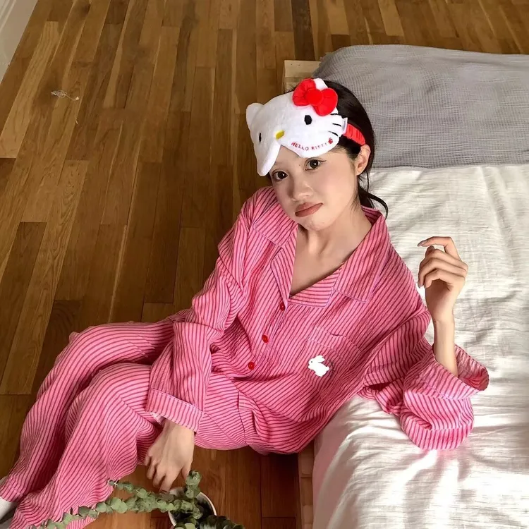 韩版甜美ins睡衣女春秋季长袖可爱小兔子印花粉色条纹家居服套装