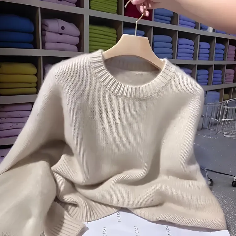 软糯品质内搭毛衣女秋冬季打底衫高级感奶杏色圆领套头针织衫加厚