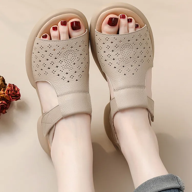 头层牛皮厚底休闲凉鞋女2024夏季新款舒适软底透气百搭真皮妈妈鞋