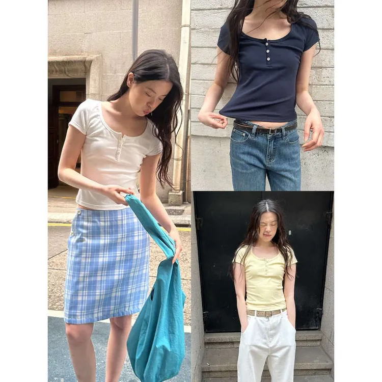 UNRETRO亨利领设计美式辣妹风正肩短袖T恤女夏季短款修身显瘦上衣